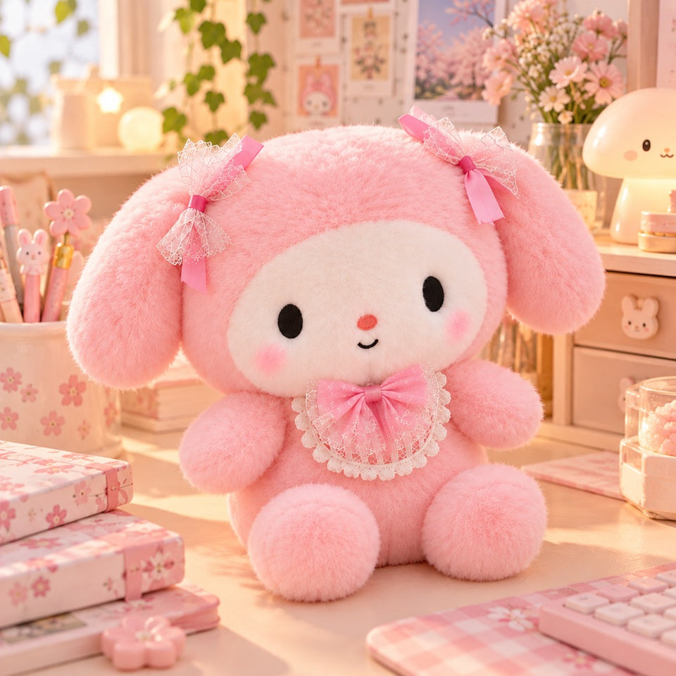 Peluche rose kawaii toute douce et fluffy avec nœuds et col en dentelle, posée sur un bureau dans un joli décor de papeterie rose et fleuri.