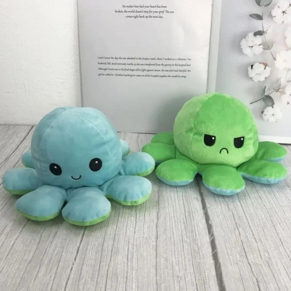 une peluche en forme d'octopus bleu et verte. Elle est réversible, on peut la changer selon notre humeur du moment : fâché ou heureux