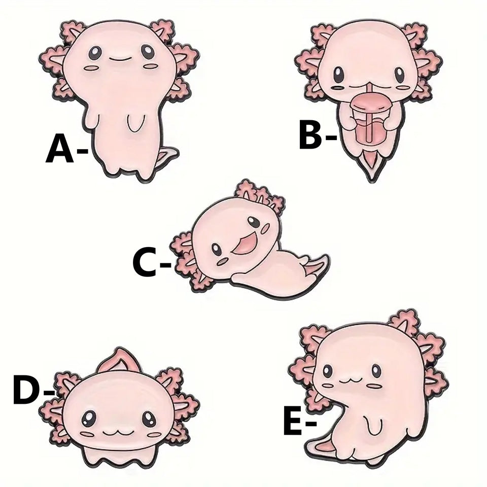 des pin's axolotl tout rose et tout mignon dans différentes poses et expressions kawaii adorables.
