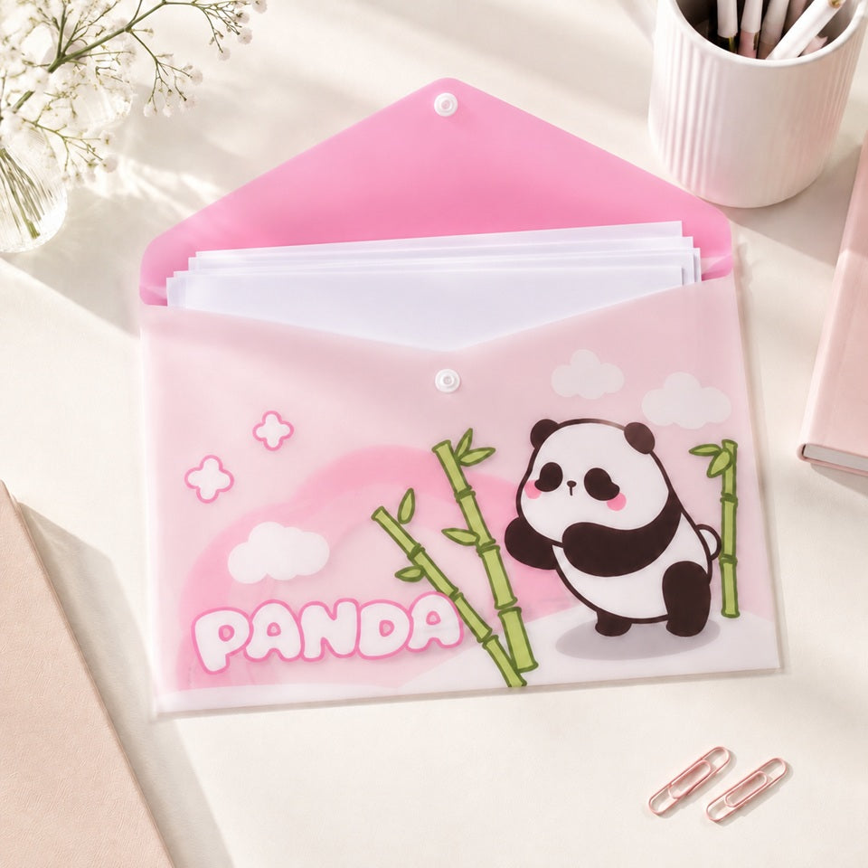 Mockup carré d’une pochette plastique rose à bouton-pression, décorée d’un panda kawaii et de bambous, ouverte avec plusieurs feuilles blanches à l’intérieur.