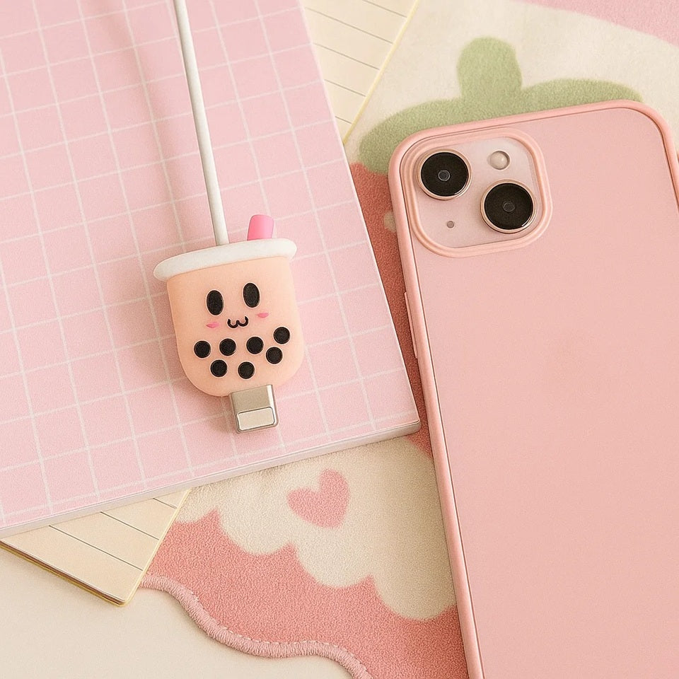 un protège câble tout mignon en forme de bubble tea rose avec une expression ultra kawaii.
