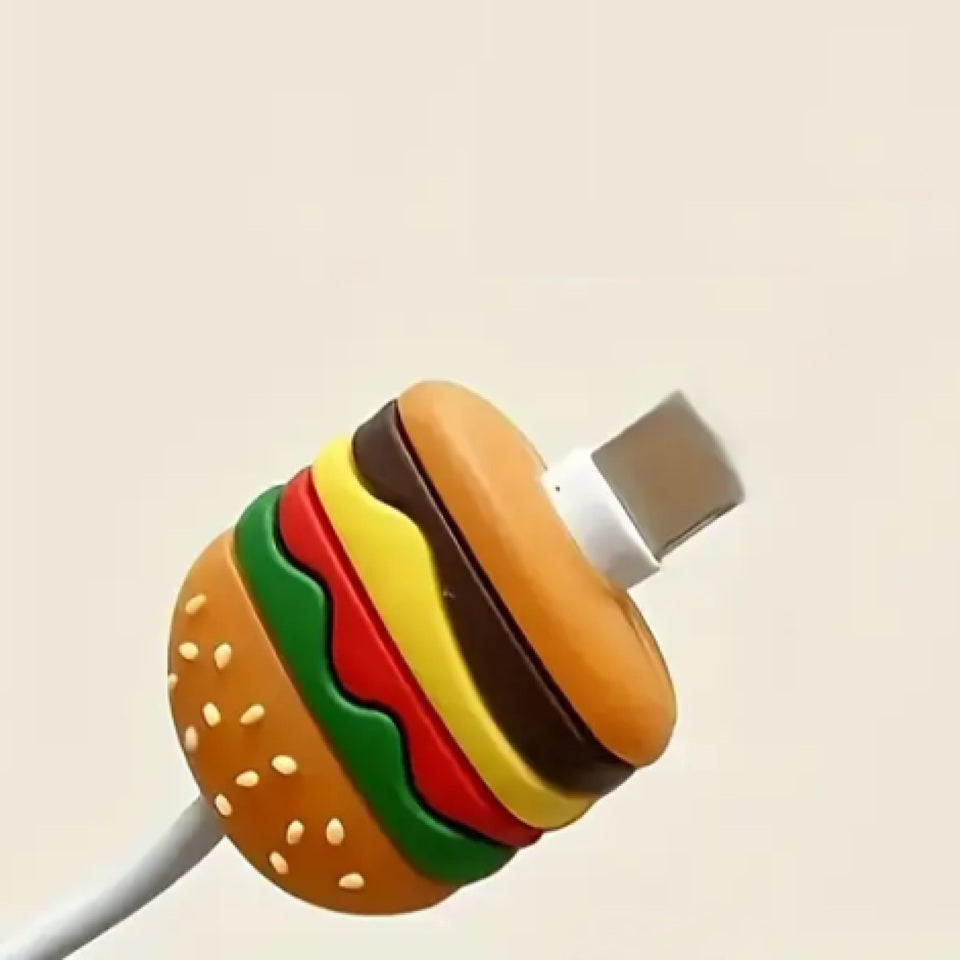 un protège câble en forme de hamburger hyper rigolo et mignon. Il protège vos câbles et allonge leur durée de vie en ajoutant une touche amusante !