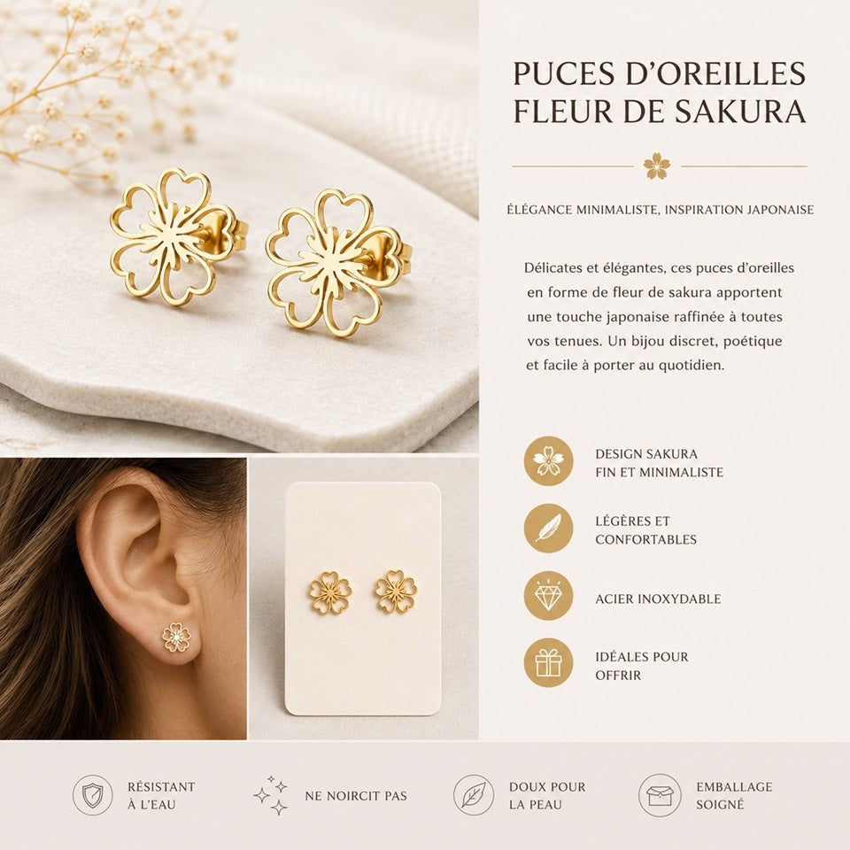une paire de puces d'oreilles dorées en forme de fleur de sakura dans un style minimaliste et mignon
