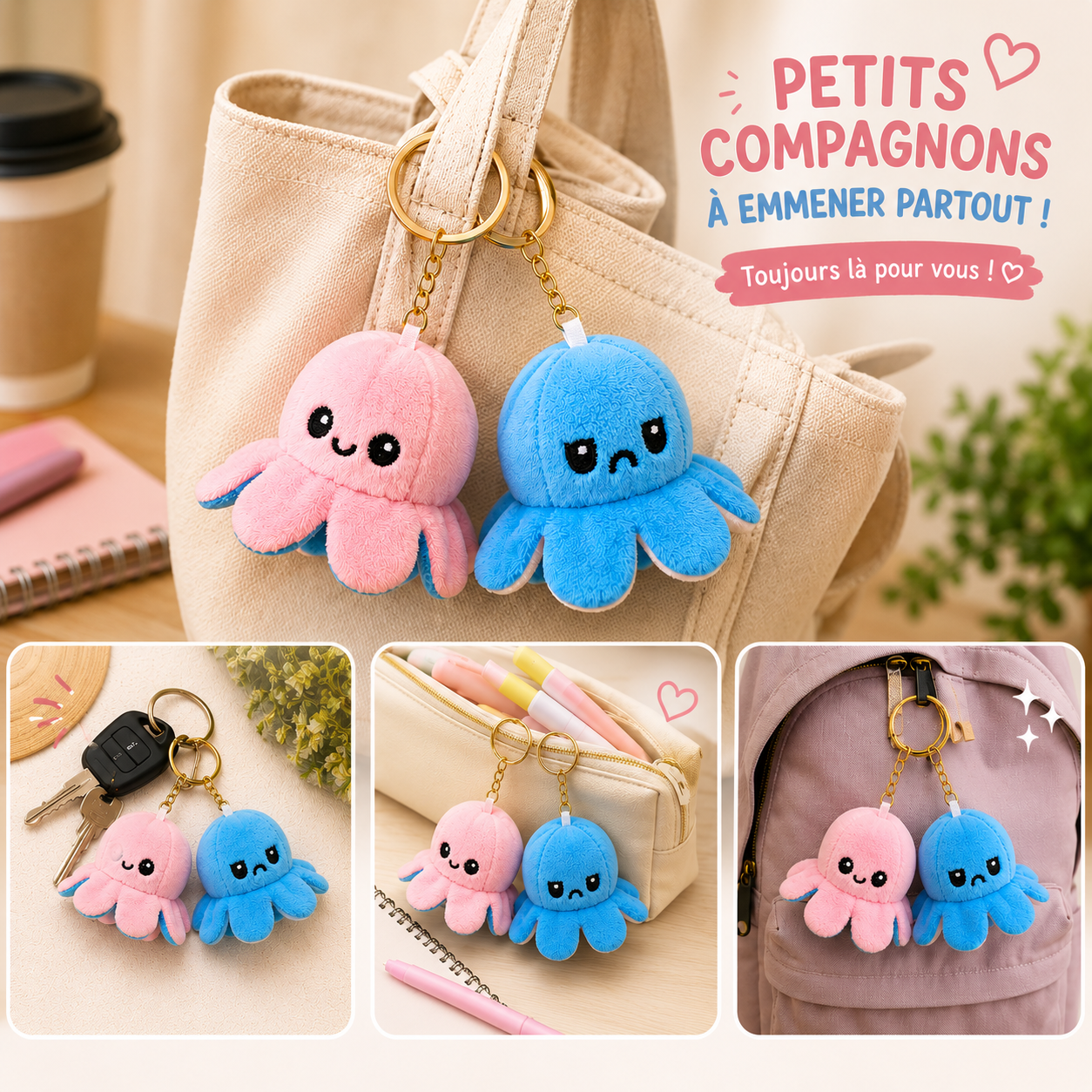 Porte-clés peluche octopus bleu réversible (PROMO -20%)