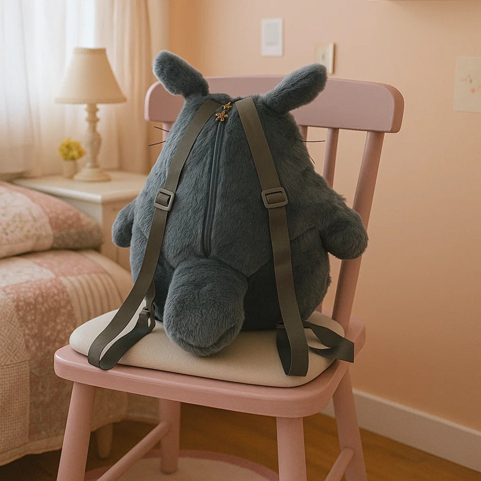 un sac à dos tout en peluche et en forme de Totoro, l'esprit de la forêt du studio Ghibli. Douceur extrême et câlins tendre en vue !
