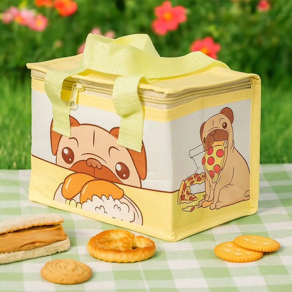 un sac isotherme au motif d'un carlin hyper drôle et gourmand. il tient de la nourriture dans sa gueule mais est trop mignon. Idéal pour transporter vos boites, repas, snacks et boissons.
