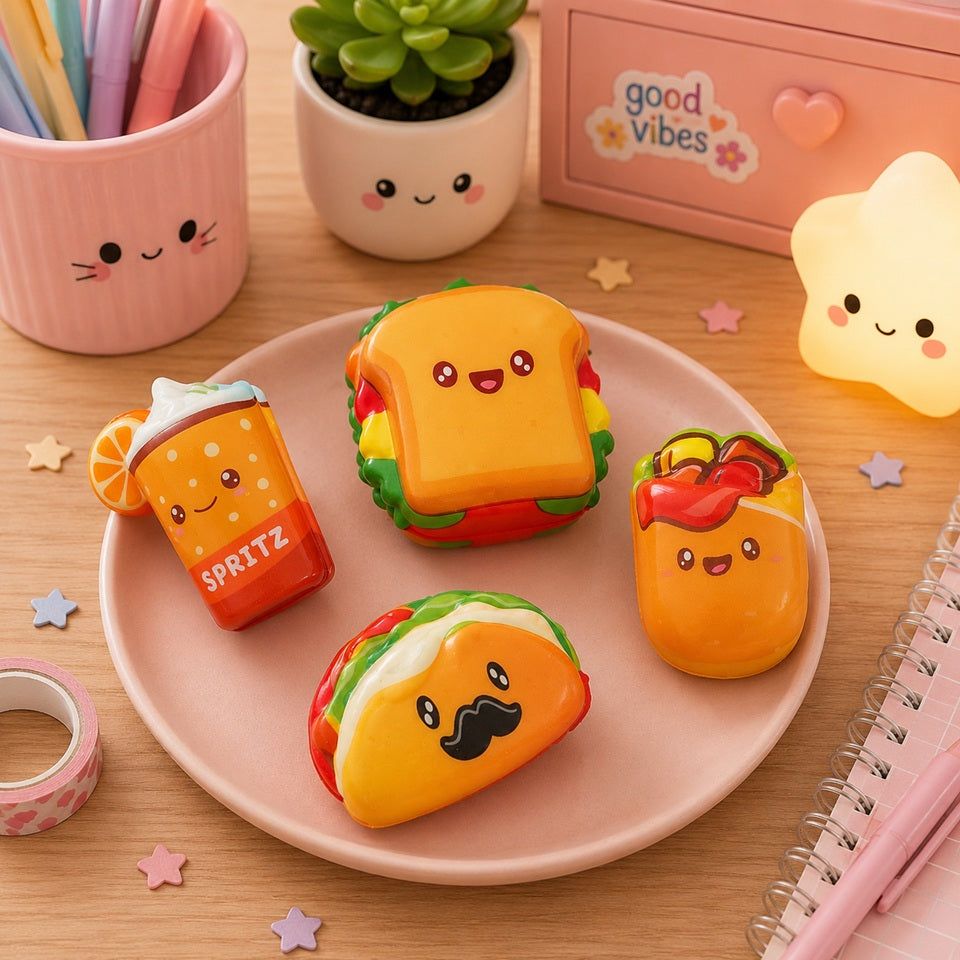 quatre squishies anti-stress kawaii en forme de sandwich, un taco à moustache, un burrito et une boisson pétillante, tous avec de petits visages souriants posés sur une assiette rose au centre d'un joli bureau en bois clair. Les squishies représentent Le décor comprend des stylos pastel, un carnet rose, une plante en pot, un organiseur de bureau rose avec un autocollant « Good Vibes », une veilleuse en forme d'étoile et quelques confettis décoratifs, créant une ambiance douce, chaleureuse et mignonne
