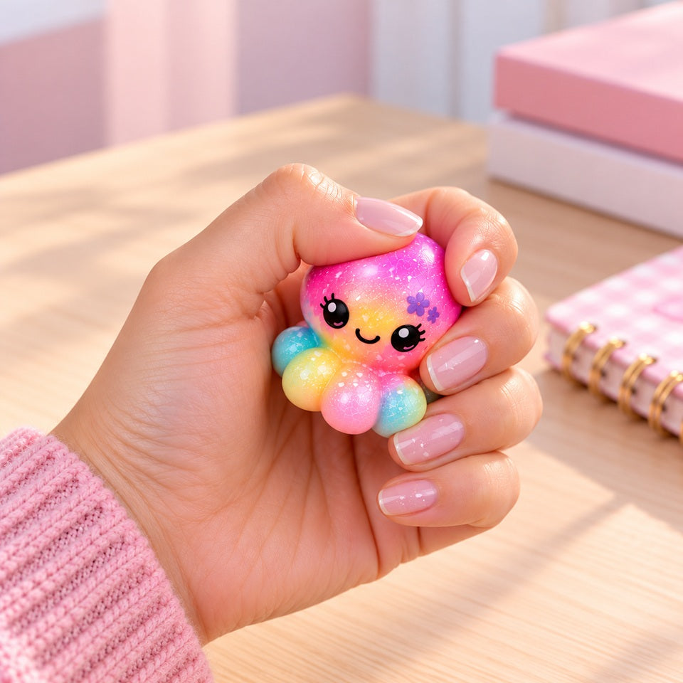 Petit squishy anti-stress kawaii en forme de petite pieuvre Poulpi multicolore, aux teintes rose, jaune et bleu pastel, avec de grands yeux brillants et un adorable sourire. Tenu et délicatement pressé dans la main d’une femme pour montrer sa texture toute molle et moelleuse. Présenté sur un bureau en bois clair au décor rose pastel, ce petit jouet sensoriel est idéal pour occuper les mains, favoriser la détente et s’offrir une pause douceur au quotidien.