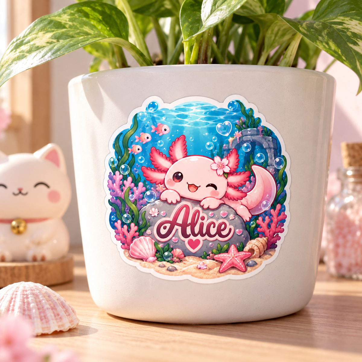Sticker prénom personnalisable Axolotl Océan Kawaii 🦎🌊💕