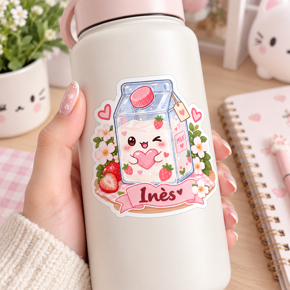 Sticker prénom personnalisable Lait Fraise Kawaii 🍓🥛💕
