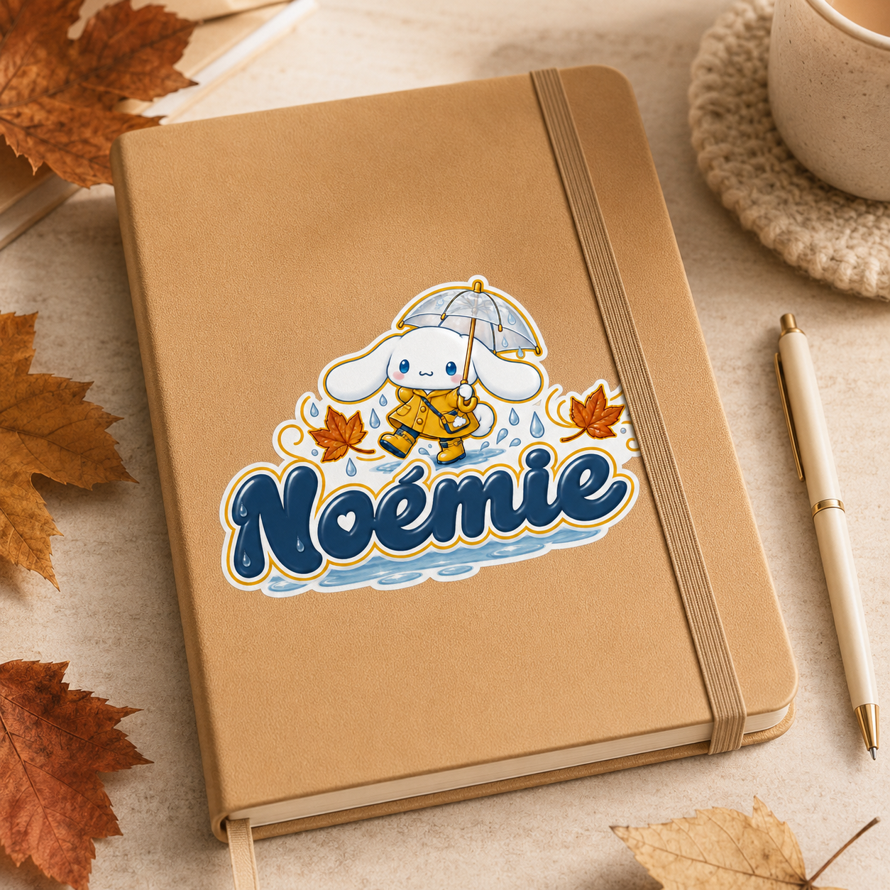 Sticker prénom personnalisable Cinnamoroll Pluie Automne 🐰🍂✨