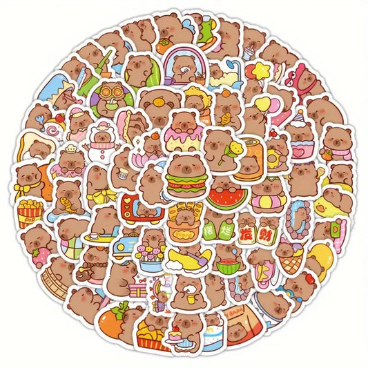 un lot de 20 stickers inspiré des capybaras. Idéal pour le scrapbooking, ils sont adorablement représentés dans des situations de la vie quotidienne drôles et amusantes.