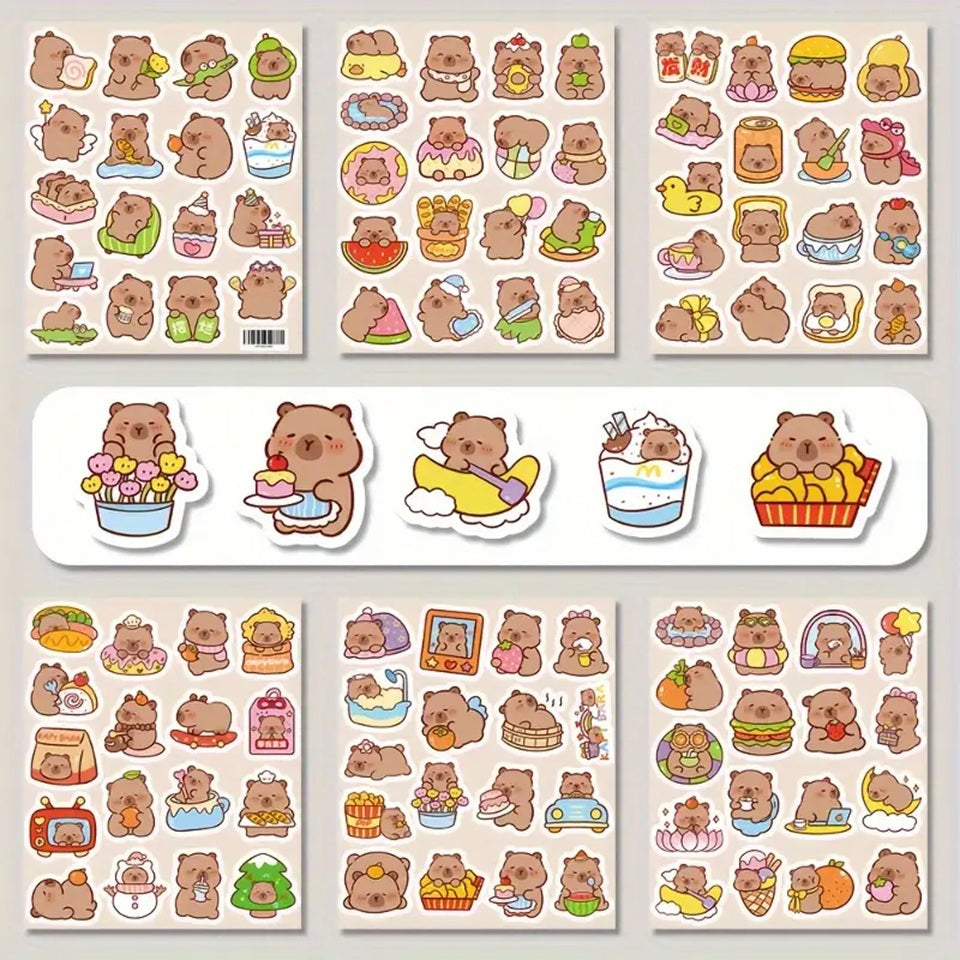 un lot de 20 stickers inspiré des capybaras. Idéal pour le scrapbooking, ils sont adorablement représentés dans des situations de la vie quotidienne drôles et amusantes.