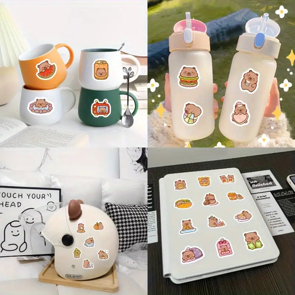 un lot de 20 stickers inspiré des capybaras. Idéal pour le scrapbooking, ils sont adorablement représentés dans des situations de la vie quotidienne drôles et amusantes.
