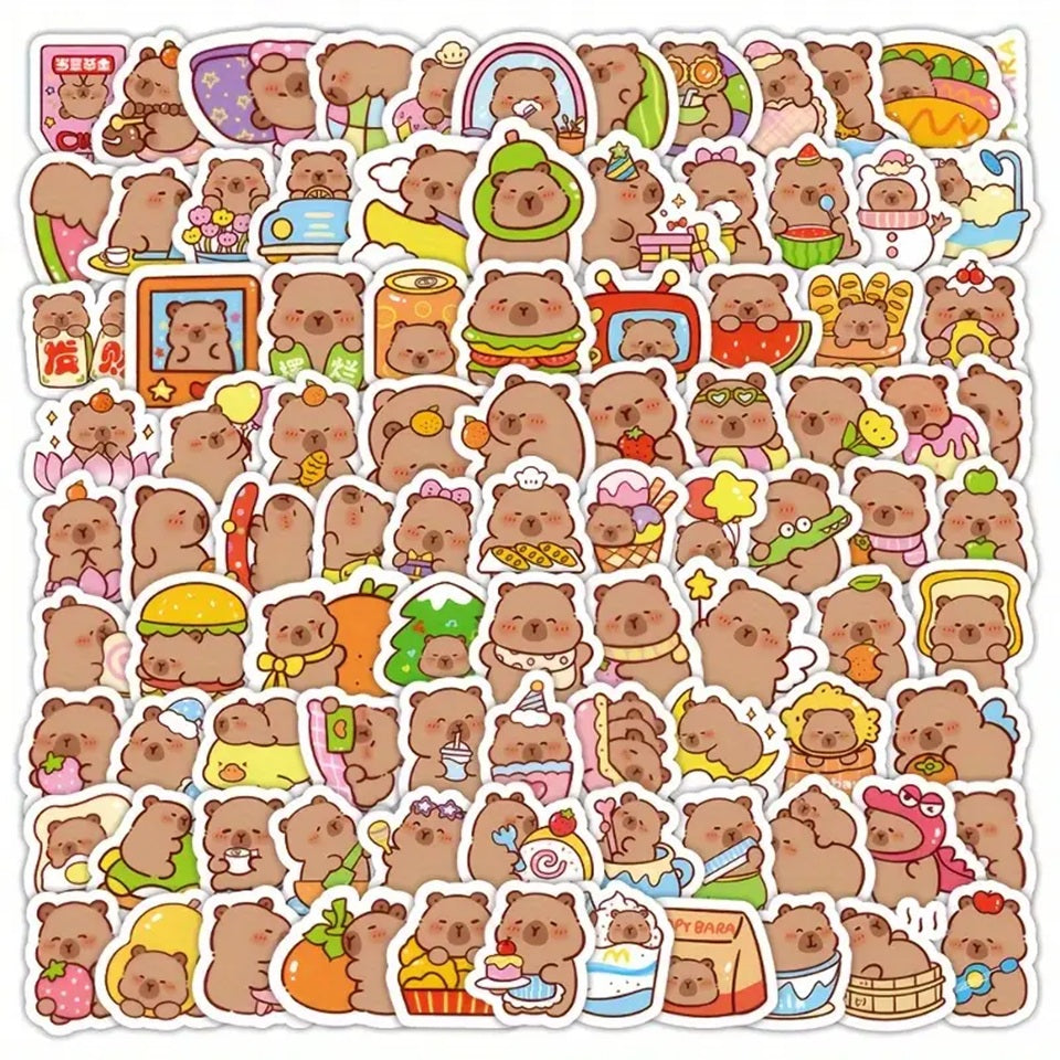 un lot de 20 stickers inspiré des capybaras. Idéal pour le scrapbooking, ils sont adorablement représentés dans des situations de la vie quotidienne drôles et amusantes.