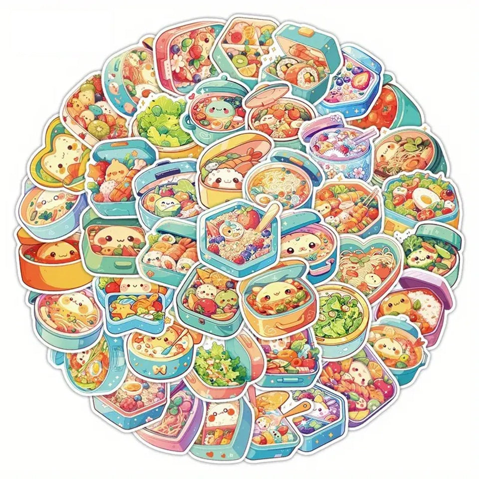 des stickers représentant différents bentos colorés et kawaii. Garnitures colorées et différentes qui appellent à la gourmandise