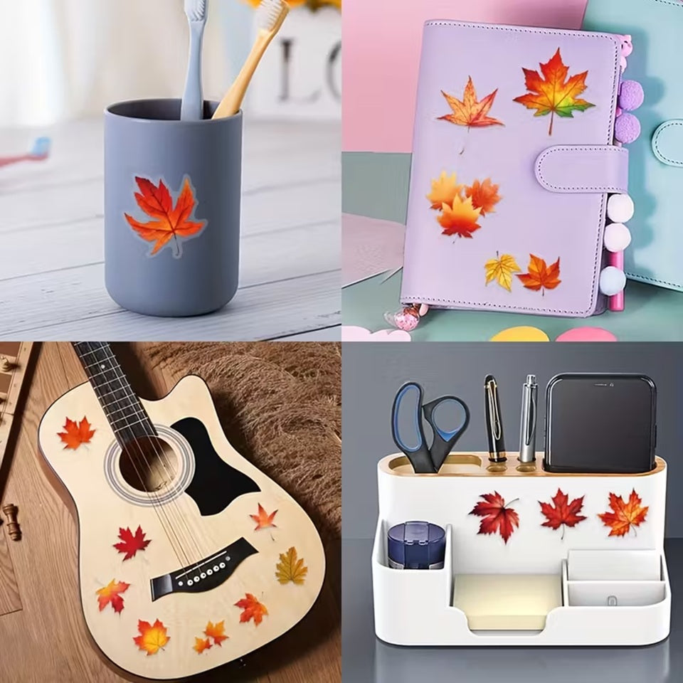 des stickers en forme de feuilles d'érable dans des tons de couleurs chaudes et automnales pour décorer tous les projets créatifs.