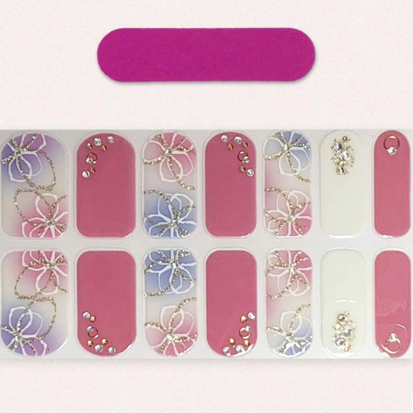 Stickers nail art violet doré fleurs blanches