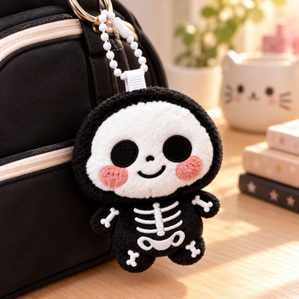 Porte-clés peluche kawaii noir en forme de petit squelette souriant, avec capuche douce, visage blanc, joues roses et os brodés. Adorable accessoire suspendu à un sac à dos noir, idéal pour personnaliser sacs et cartables avec une touche originale et mignonne.