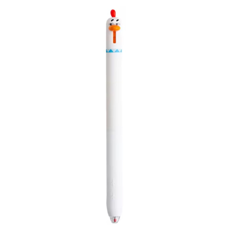 un stylo blanc en forme de poulet trop mignon, il a des yeux malicieux, une crête rouge et un bec jaune.