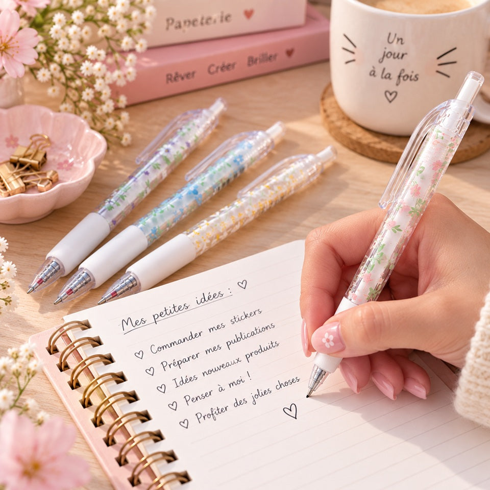 Stylo transparent à motifs de fleurs roses tenu par une femme écrivant à l’encre noire dans un carnet, dans un décor de papeterie kawaii et fleuri.