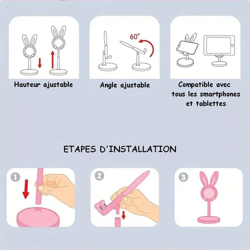 un support pour smartphone et tablette doté d'oreilles de lapin toutes choupi. Il est télescopique et s'adapte à tous les appareils. Idéal également élément de décoration