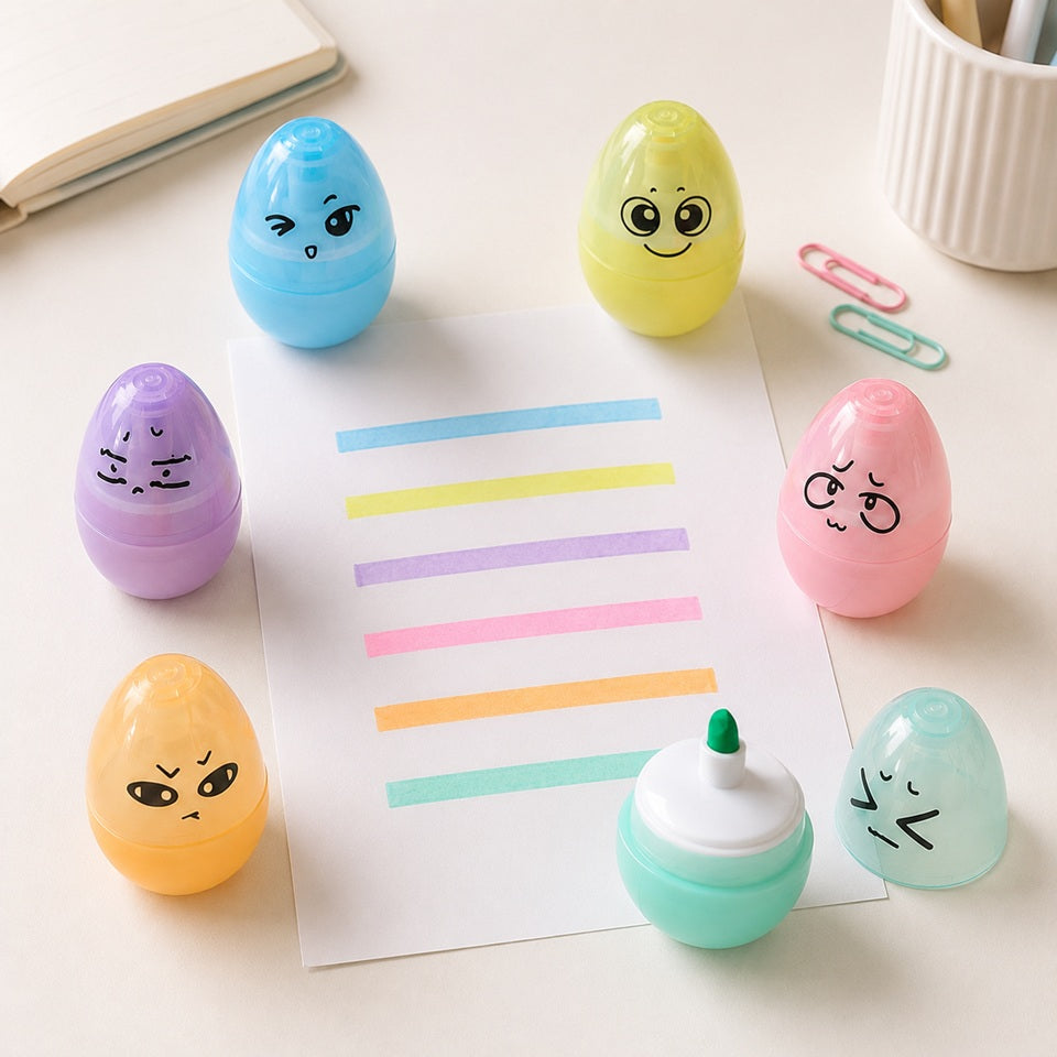 six surligneurs en forme d’œufs kawaii aux couleurs pastel, disposés autour d’une feuille présentant six traits colorés.