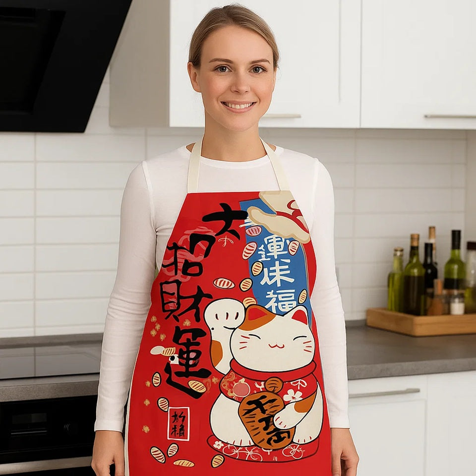 un joli tablier rouge maneki neko avec des écritures japonaises. En lin, il est résistant et son design est adorable