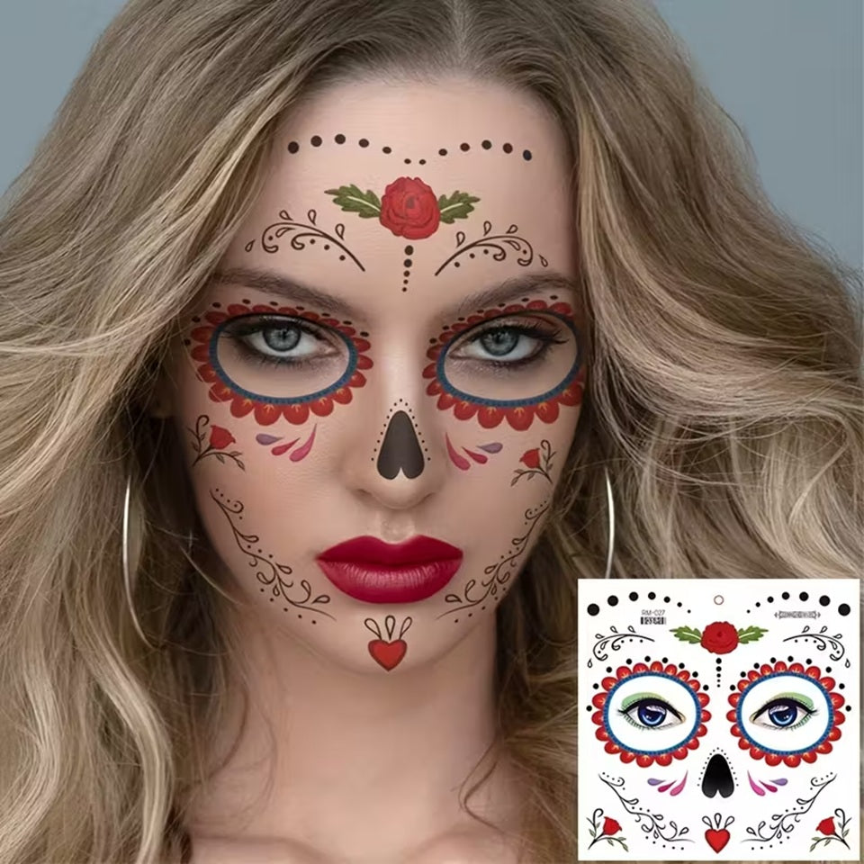Des tatouages éphémères inspirés de La Catrina, parfaits pour Halloween. Motif fleuris et colorés pour un jour des morts effrayant.