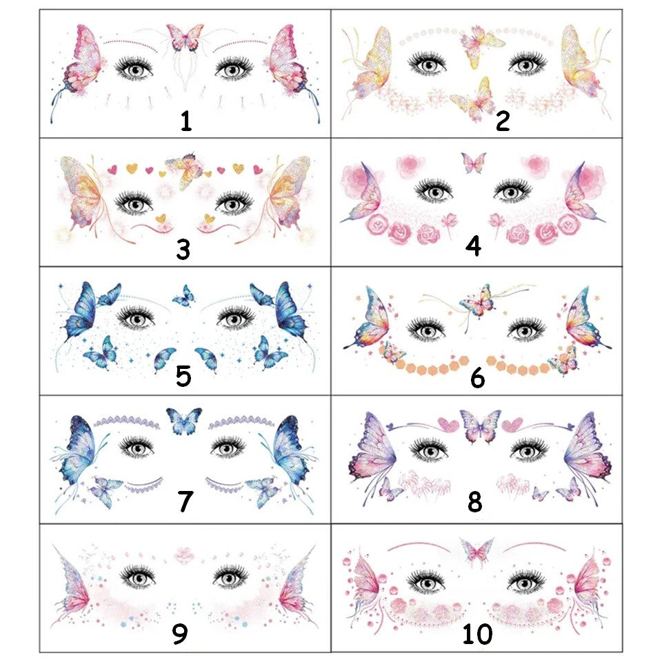 des tatouages éphémères pour le visage au motif de papillons colorés et pailletés. Idéal à porter avec un joli maquillage pour un effet féérique et romantique, pour un estival ou une soirée. On peut les porter également sur tout le reste du corps.