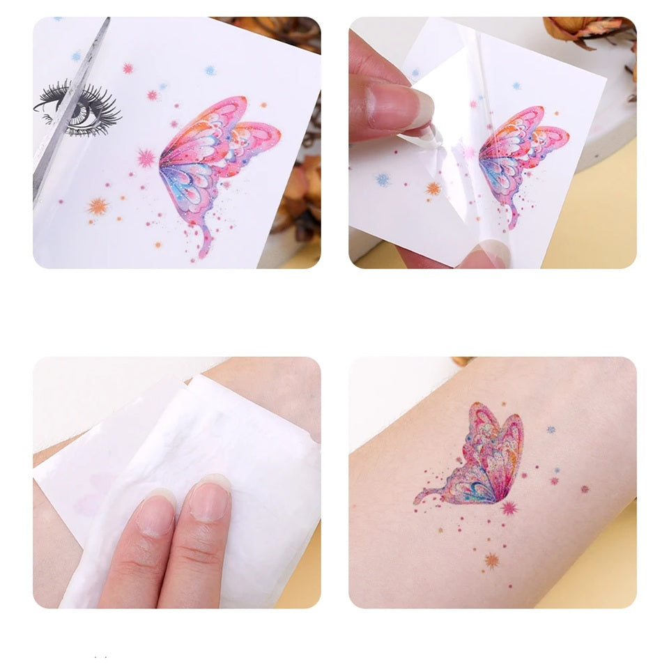 des tatouages éphémères pour le visage au motif de papillons colorés et pailletés. Idéal à porter avec un joli maquillage pour un effet féérique et romantique, pour un estival ou une soirée. On peut les porter également sur tout le reste du corps.