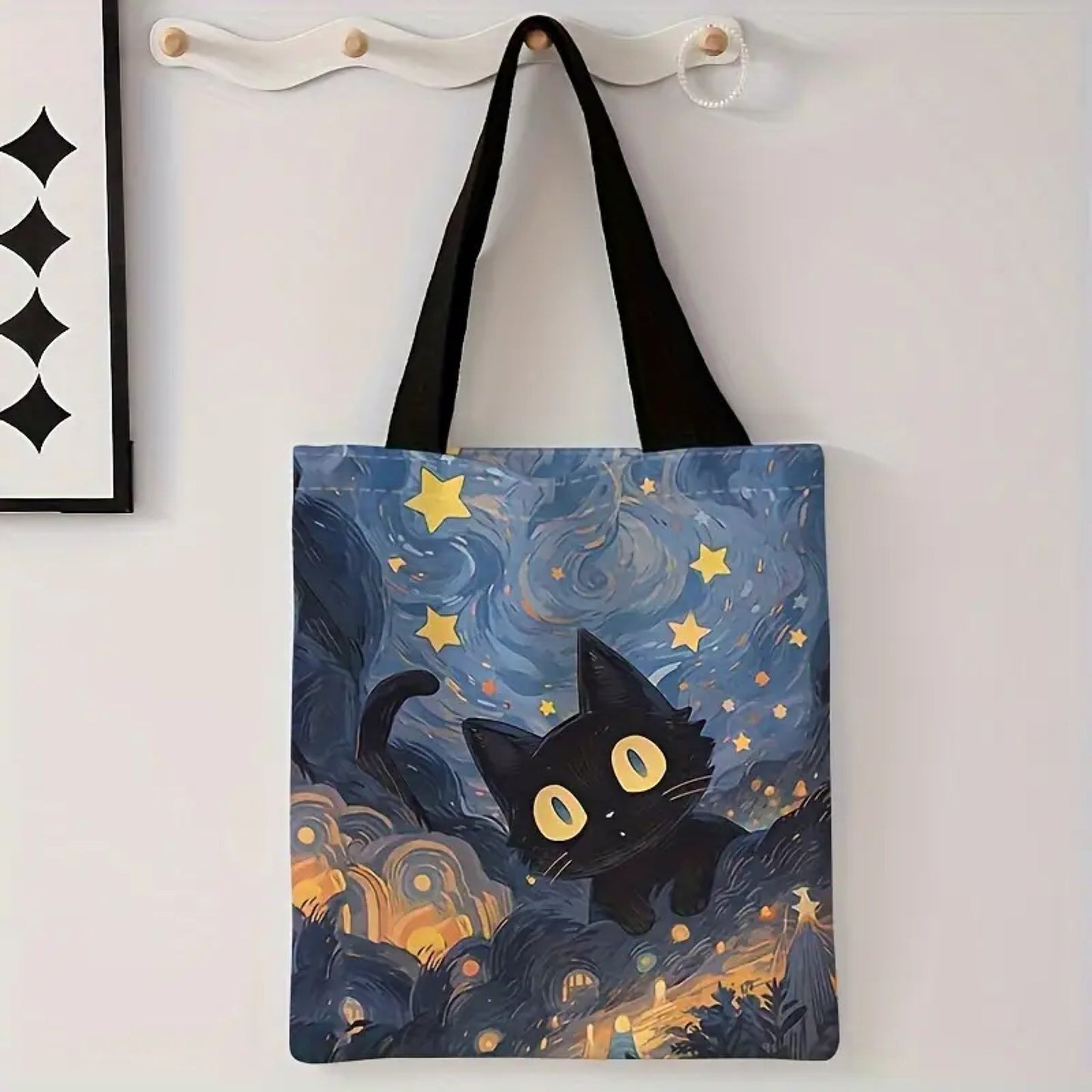 Tote bag chat noir étoiles
