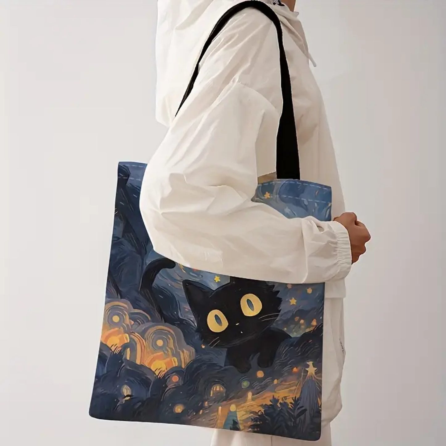 Tote bag chat noir étoiles