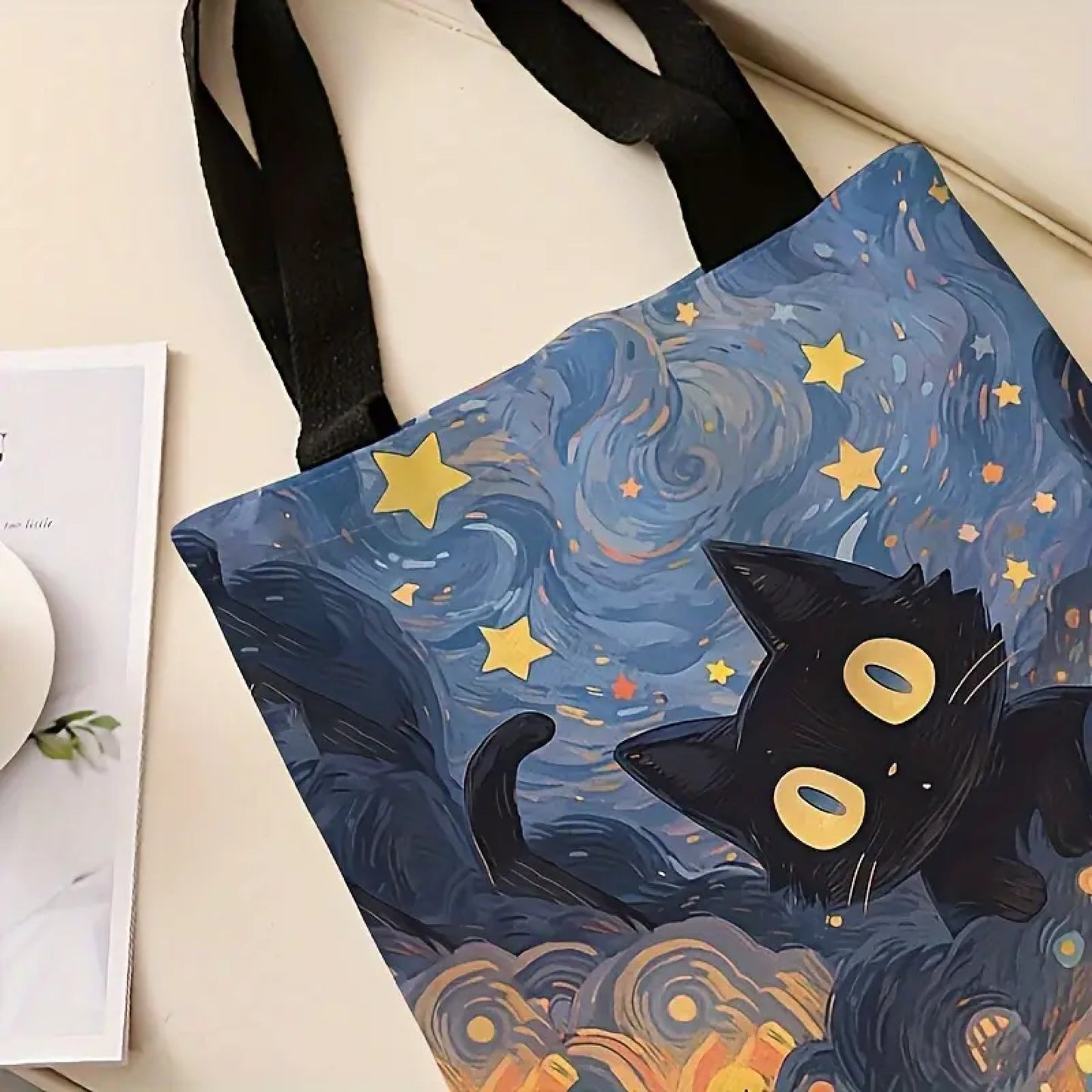 Tote bag chat noir étoiles