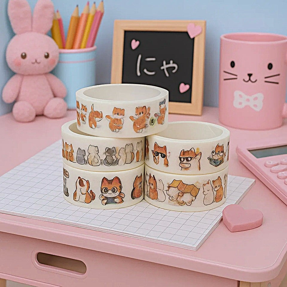 des washi tape aux motifs de chats roux espiègles hyper mignons dans des situations, des poses et des expressions différentes. Idéal pour le scrapbooking