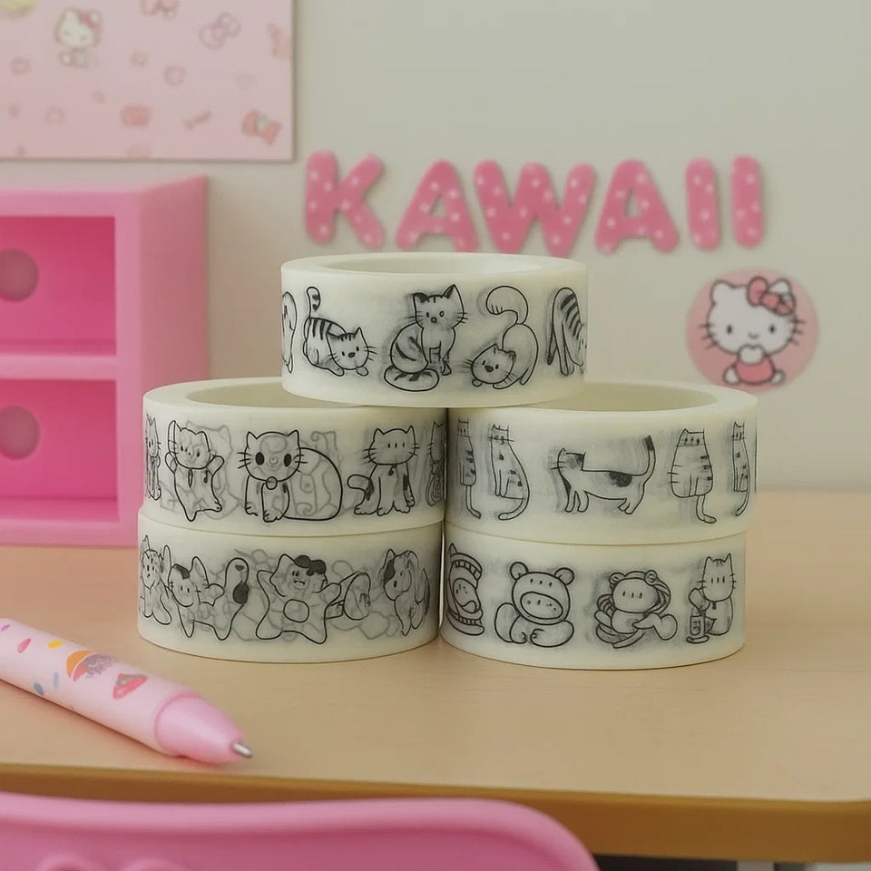 des washi tapes au motif de chats hyper mignons dans des scènes, des postures, des expressions différentes et adorables. Idéal pour le scrapbooking.