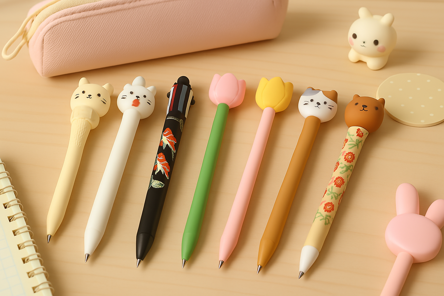 Stylos et crayons kawaii avec des chats mignons, des fleurs ou même des capybara – papeterie cute colorée et originale inspirée du Japon