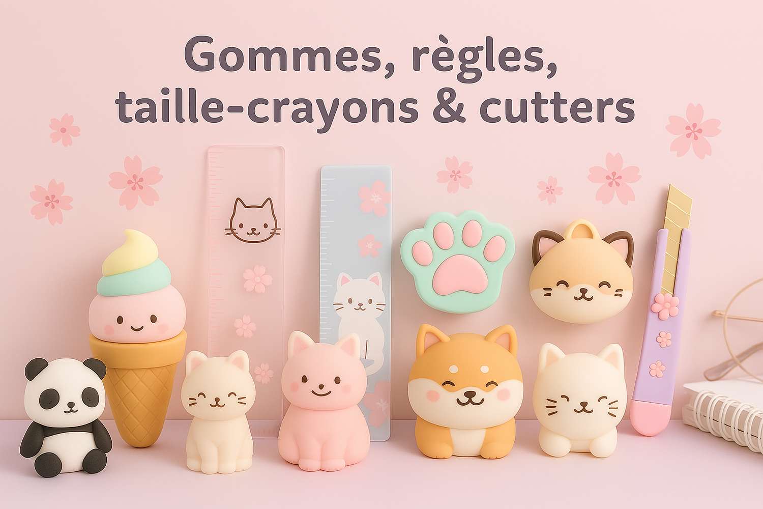 Fournitures scolaires kawaii : gommes, règles, taille-crayons & cutters – Neko Kawaii