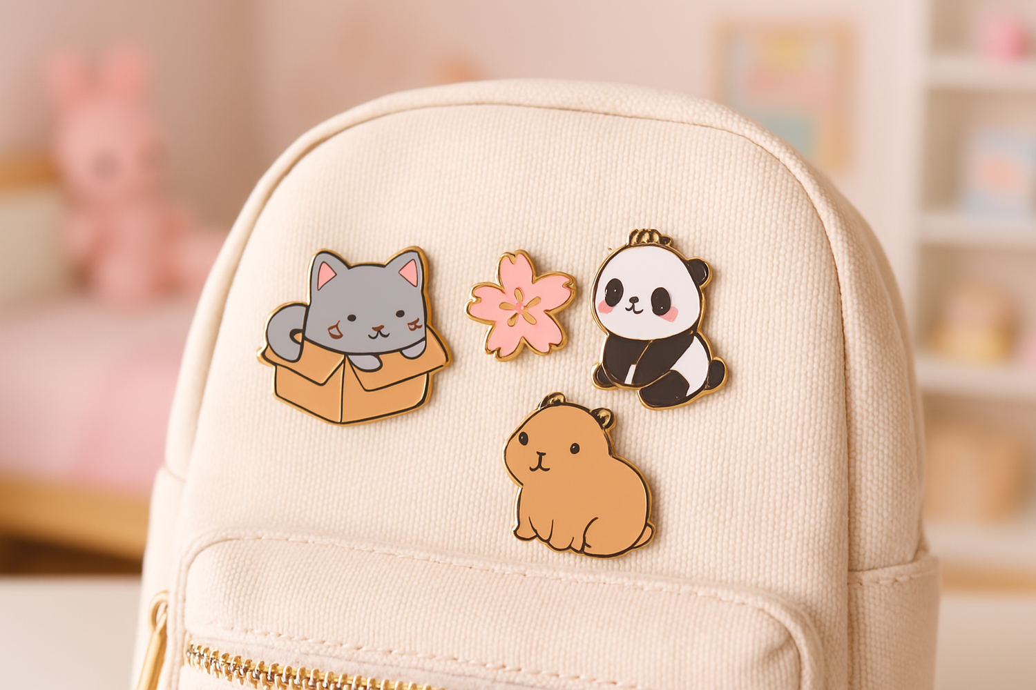 Sac kawaii orné de pin's colorés représentant un chat, un panda, un capybara et une fleur de sakura, posé dans une chambre pastel floutée avec une ambiance douce et mignonne.
