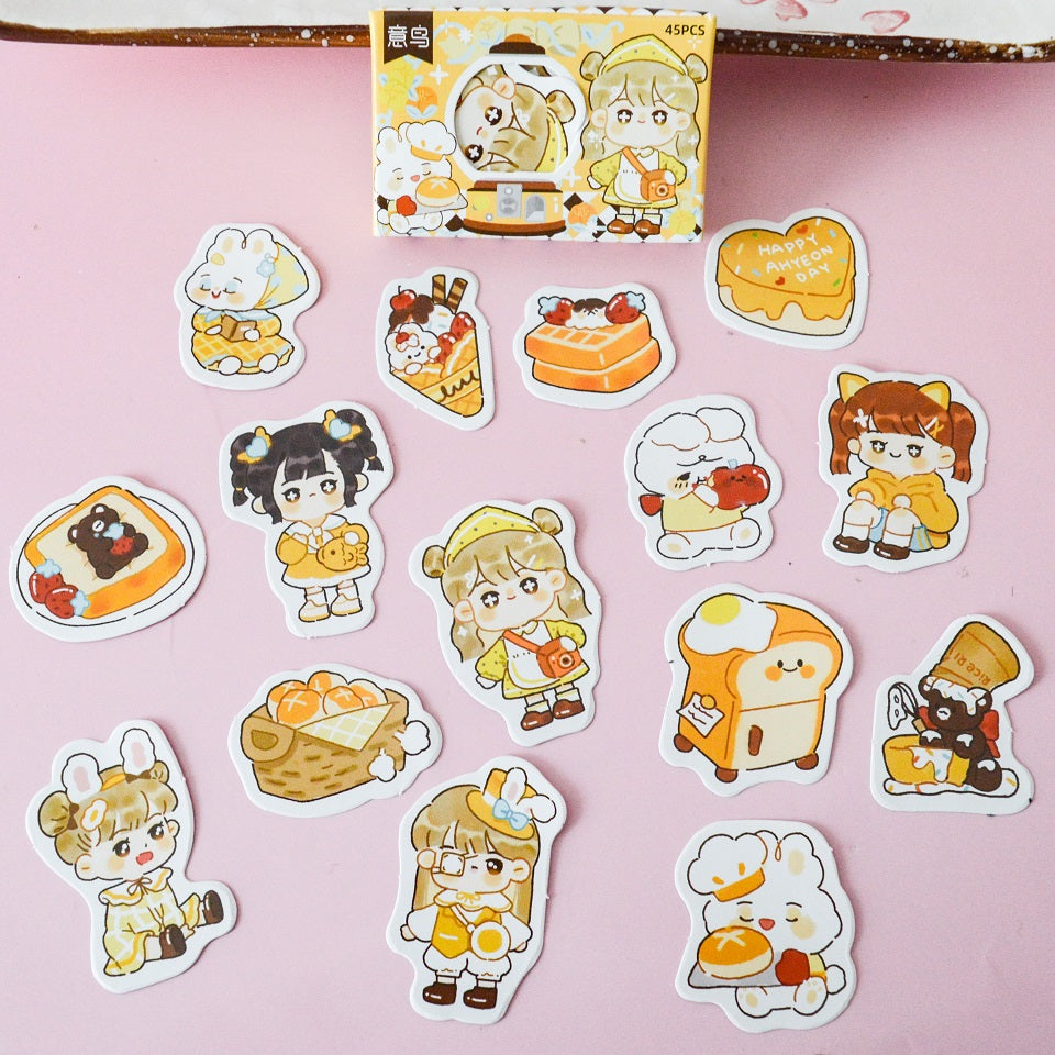 Boite de stickers chibi girls, animaux et gourmandises