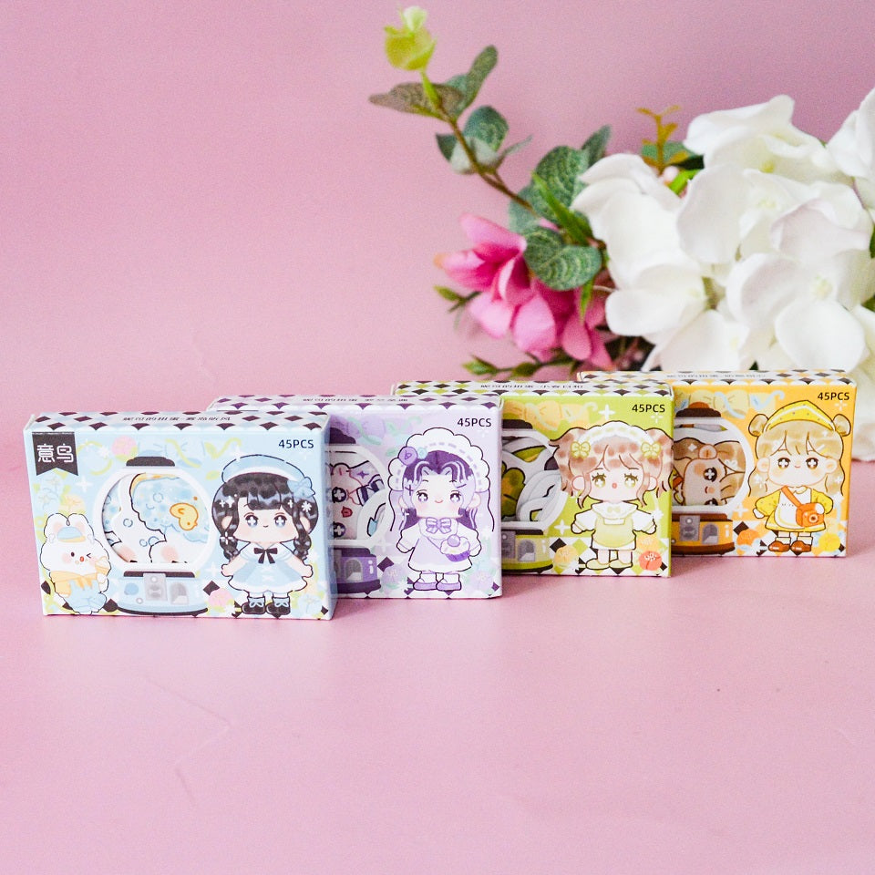 Boite de stickers chibi girls, animaux et gourmandises