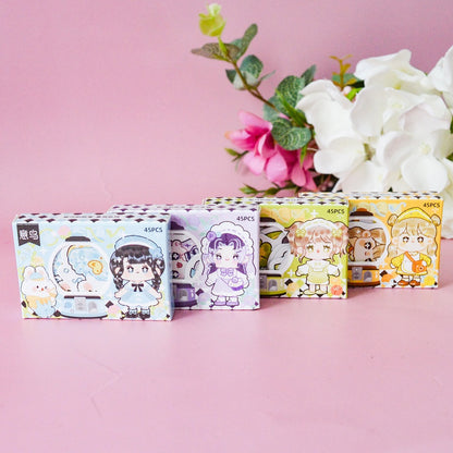 Boite de stickers chibi girls, animaux et gourmandises
