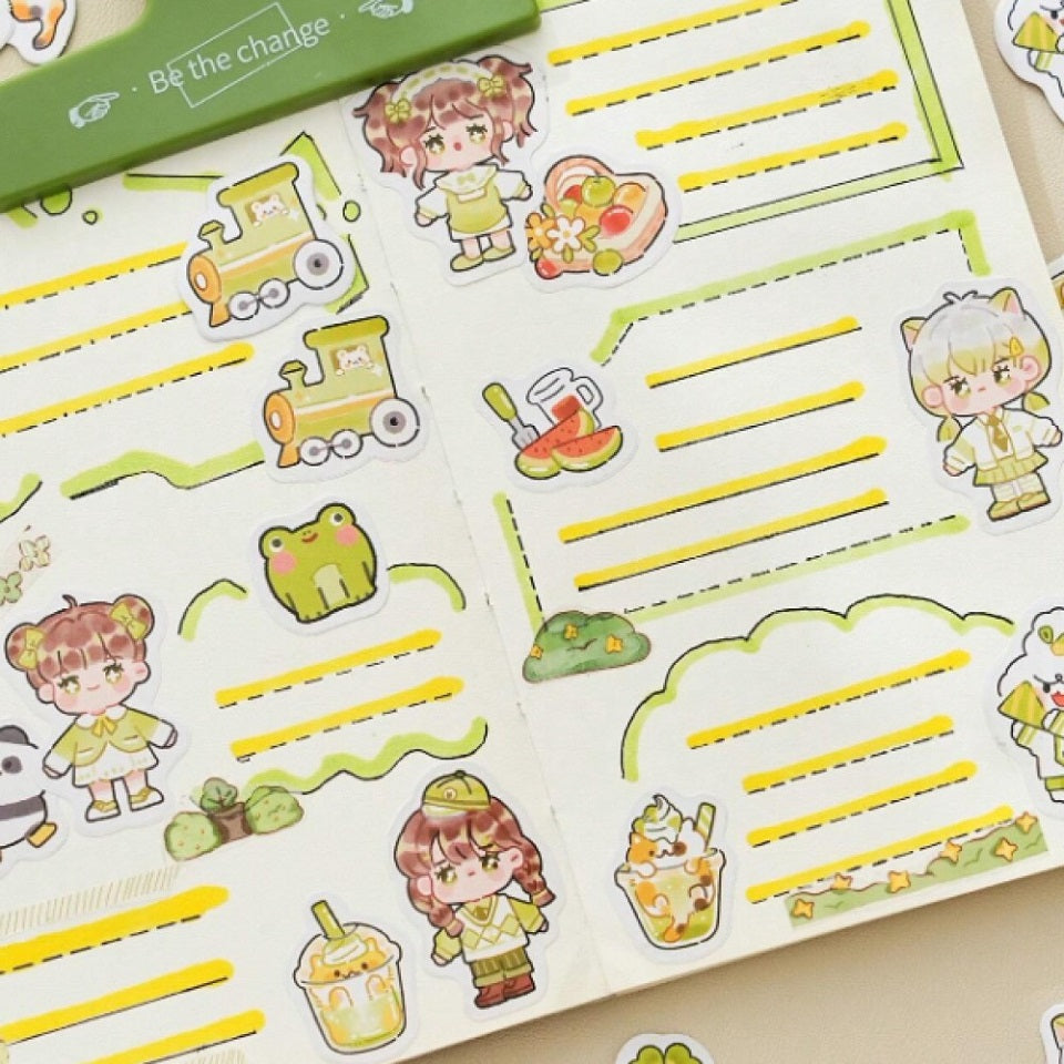 Boite de stickers chibi girls, animaux et gourmandises