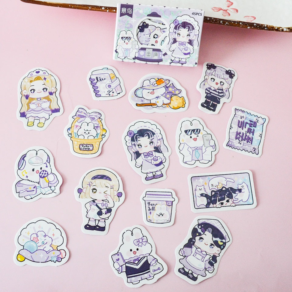 Boite de stickers chibi girls, animaux et gourmandises