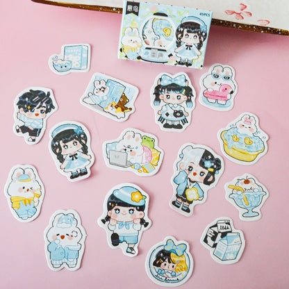 Boite de stickers chibi girls, animaux et gourmandises