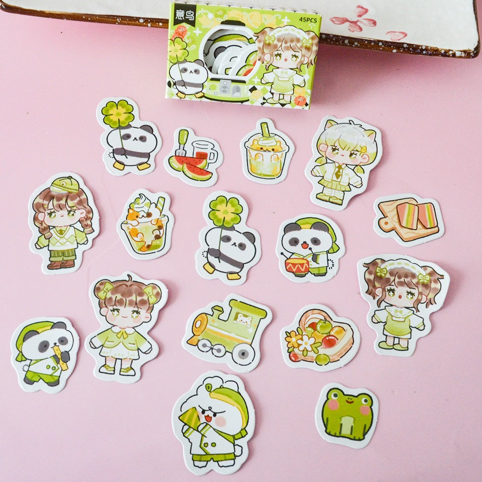 Boite de stickers chibi girls, animaux et gourmandises