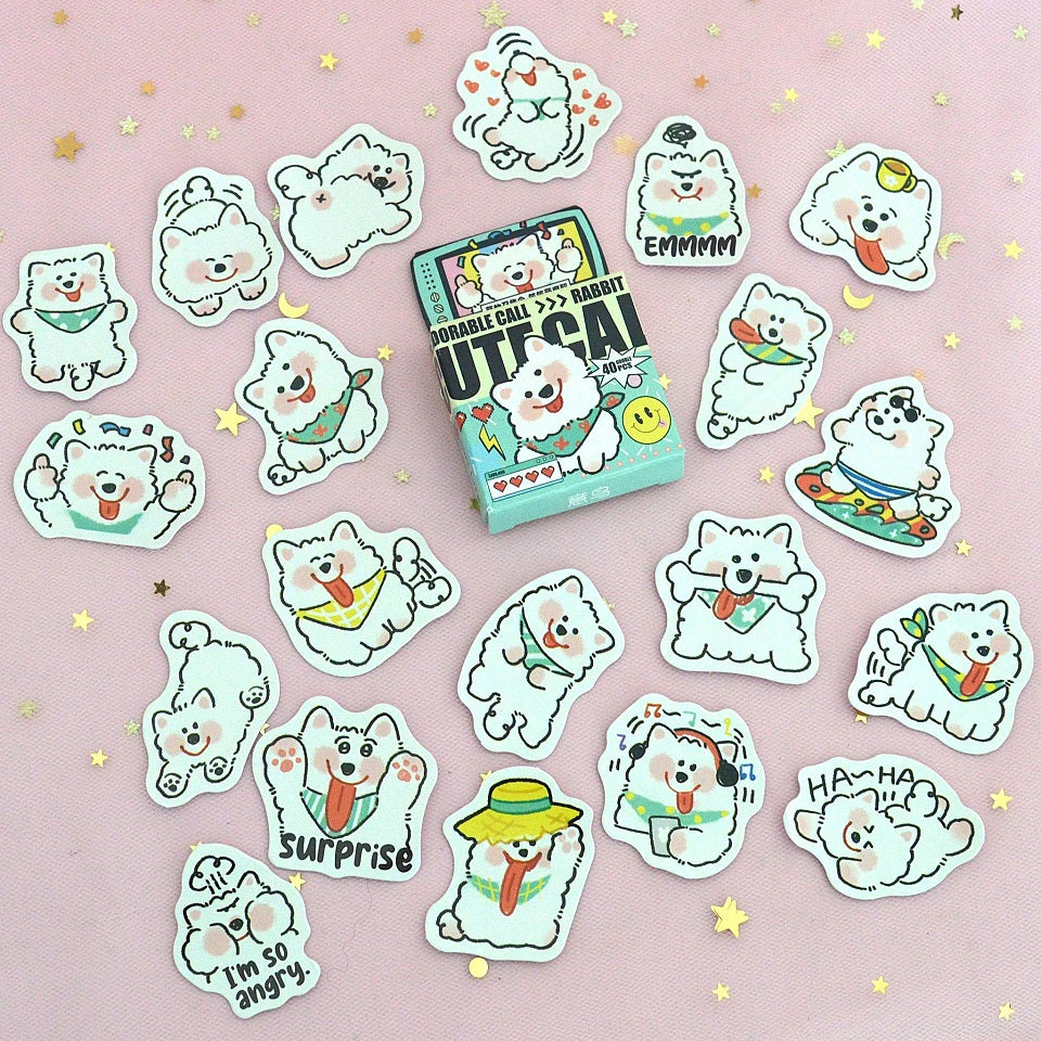 Boite de stickers petit chien blanc