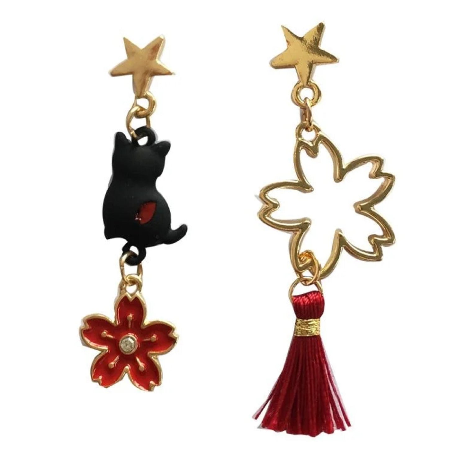 Boucles d'oreilles asymétriques chat noir et sakura rouge