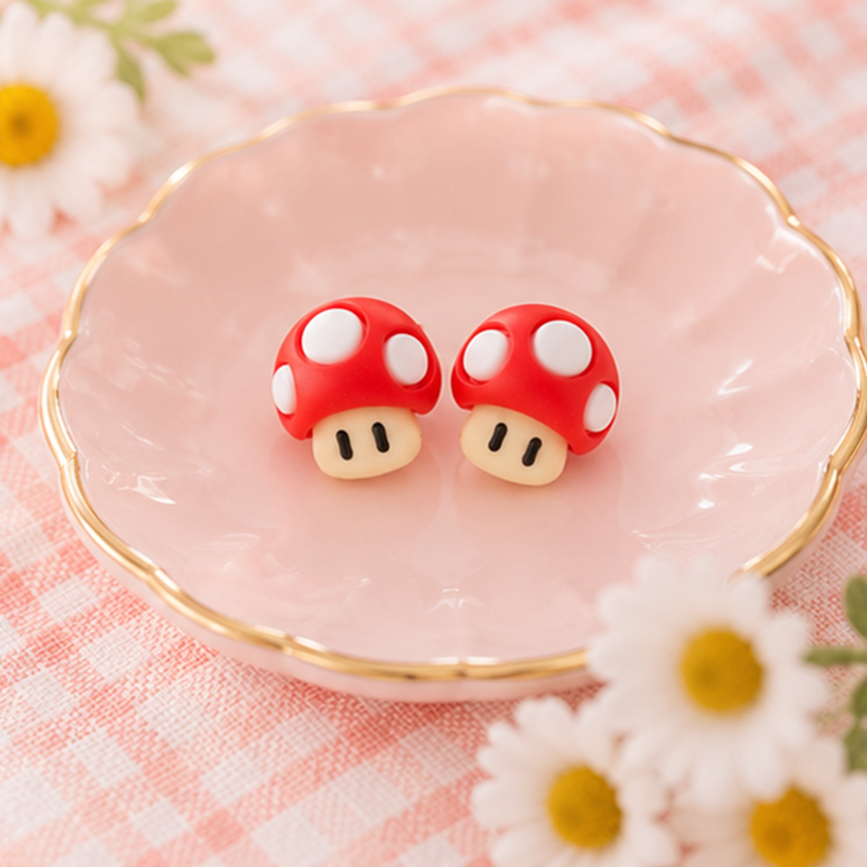 une paire de boucles d'oreilles en forme de champignon rouge à pois blancs, inspirées du jeu vidéo Mario.