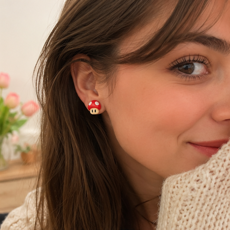 une paire de boucles d'oreilles en forme de champignon rouge à pois blancs, inspirées du jeu vidéo Mario.